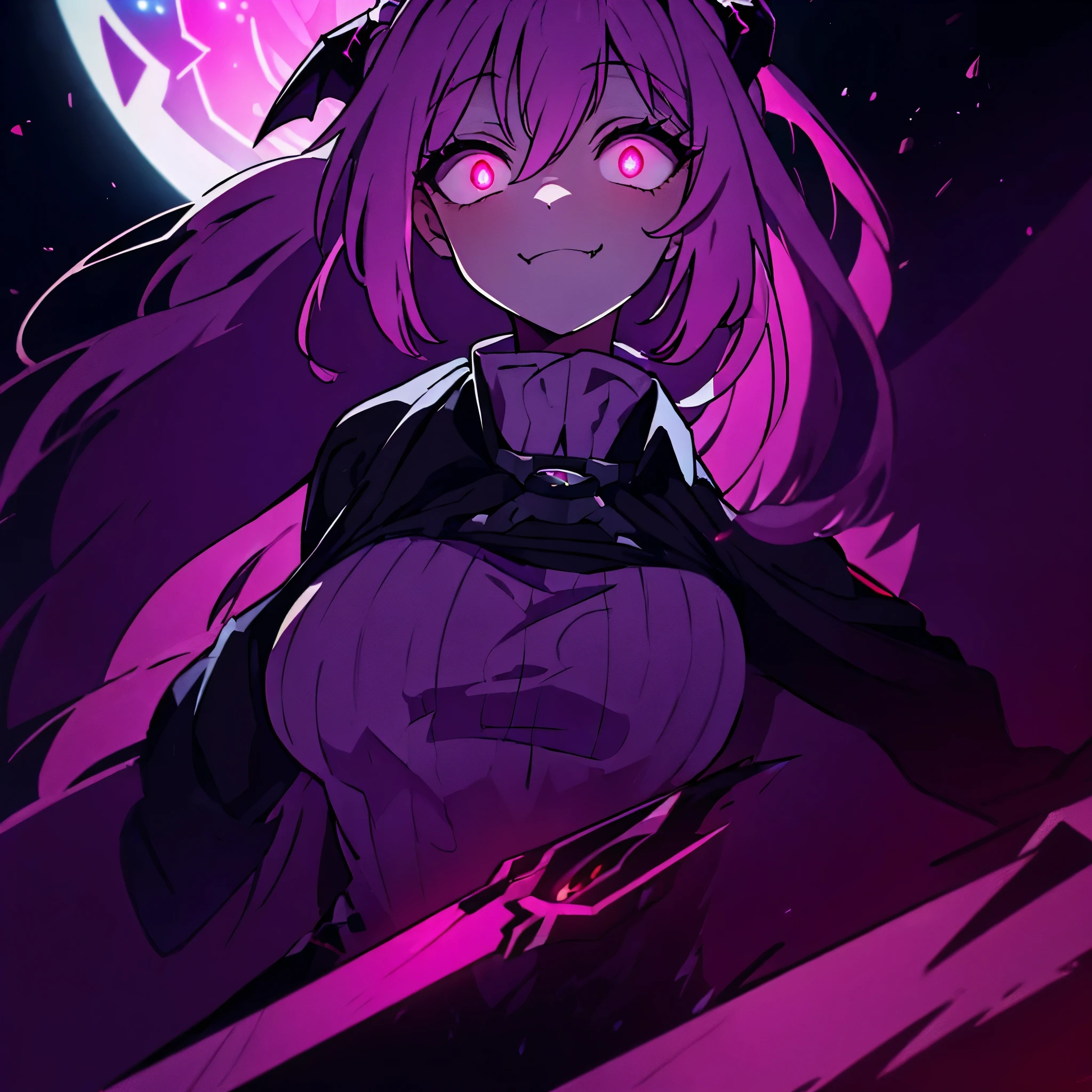 Anime girl with pink hair and purple eyes standing in front of a full ...