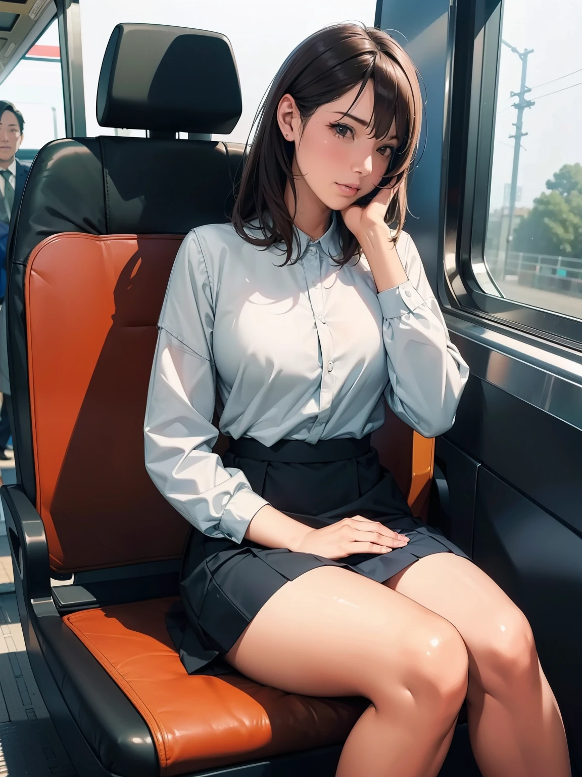 ((Highest quality,High resolution,Very detailed)), (Sharp details, Written boundary depth), real photo style, Mature Woman, ((Sit facing forward)), 電車の横に長いSitting in a seat, Sitting in a seat, Pose for a commemorative photo, ((Chair to sit under skirt)), View from opposite seats, Inside a commuter train, Woman&#39;s back&#39;His head is leaning against the window pane., A shot from a slightly lower angle, ((Holding the hem of her skirt with both hands)), Summer knit dress with cut-out neckline, Exquisite and sophisticated features, Confused expression, Black Hair, Japanese women, Dark brown eyes, double eyelid, , She wears sexy white lace panties over her tights, Tights over tights。