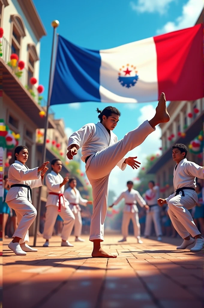 Make me a picture with a background of an iconic place in Mexico City for a poster for a taekwondo camp
