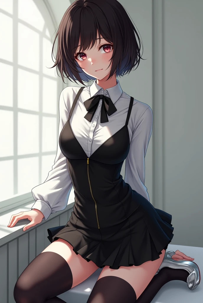 absurdres, RAW photo, extremely delicate and beautiful, masterpiece, Best Quality, ultra high resolution, 32k, hyperrealistic, ultra-detailed, perfect anatomy, super Detailed skin, perfect figure, Super Beauty, Perfect Style, Perfect balance, Beautiful Lighting, Perfect Lightning, Realistic Shadows, 20 years old, very Slim body, narrow waist, very small head, very small face, delicate facial features, handsome detailed woman, very detailed eyes and face, realistic face proportions, Realistic beautiful face, Realistic beautiful eyes, tearful mole, earring, very huge round breasts, legs, medium hair, whole body shot, indoor, school_uniform, dress shirt, pleated skirt,