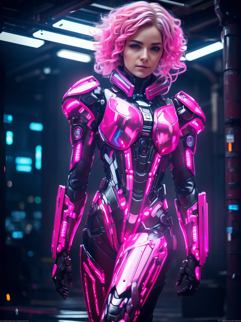 a realistic photo, hyper detailed, 12k, 1 woman, curly white and pink hair, she wears futuristic, white combat armor (breast: 1.2), a bionic arm, red LEDs on the metal parts, she stares at the camera , dynamic action pose, cyberpunk background, the weather is gray, the drops of water are streaming down the armor, the details of this scene make this photo a masterpiece