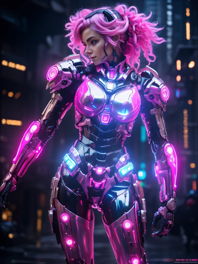 a realistic photo, hyper detailed, 12k, 1 woman, curly white and pink hair, she wears futuristic, white combat armor (breast: 1.2), a bionic arm, red LEDs on the metal parts, she stares at the camera , dynamic action pose, cyberpunk background, the weather is gray, the drops of water are streaming down the armor, the details of this scene make this photo a masterpiece