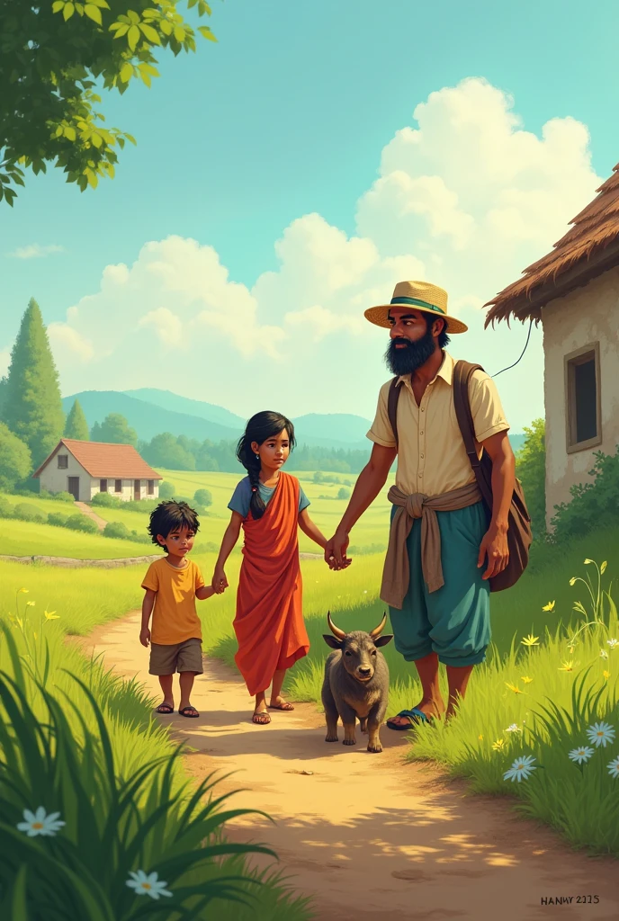 Create an cartoon image of a farmer man wearing kurta and pyjama one women wearing saree and one young boy and one donkey and hut and village and beautiful background 
