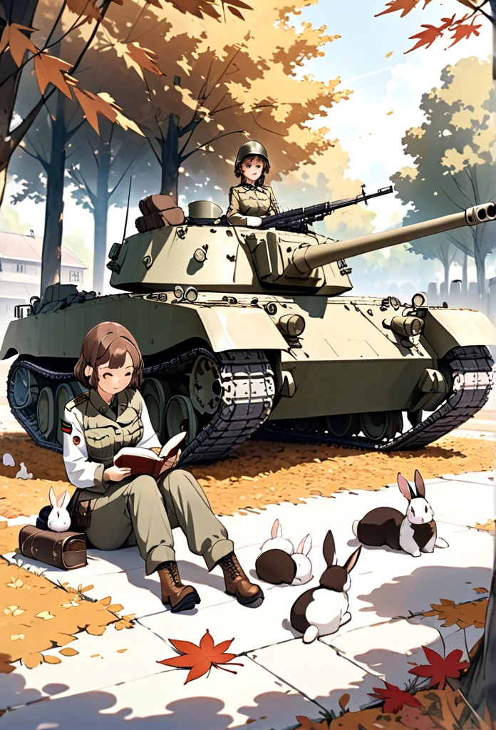 Pastel drawing、A soldier girl is leaning against the caterpillar track of a tank and reading a book.、Next to her, a white rabbit is reading a book with the girl, placing it on the ground.、The girl has short brown hair、Wearing an old German military helmet and uniform、Wear long pants and brown leather combat boots、The girl puts a rifle on her shoulder、Holding a book with both hands and reading、Gentle expression、Rabbits are cute and fluffy、A lot of military vehicles are lined up around the girl.、Surrounding trees々The color is reminiscent of autumn leaves.、