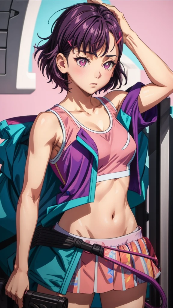 1girl, focused upper body, realistic, (short purple hair and hair clip), purple eyes, standing pose, (pink tanktop and pink skirt, blue jacket), purple background