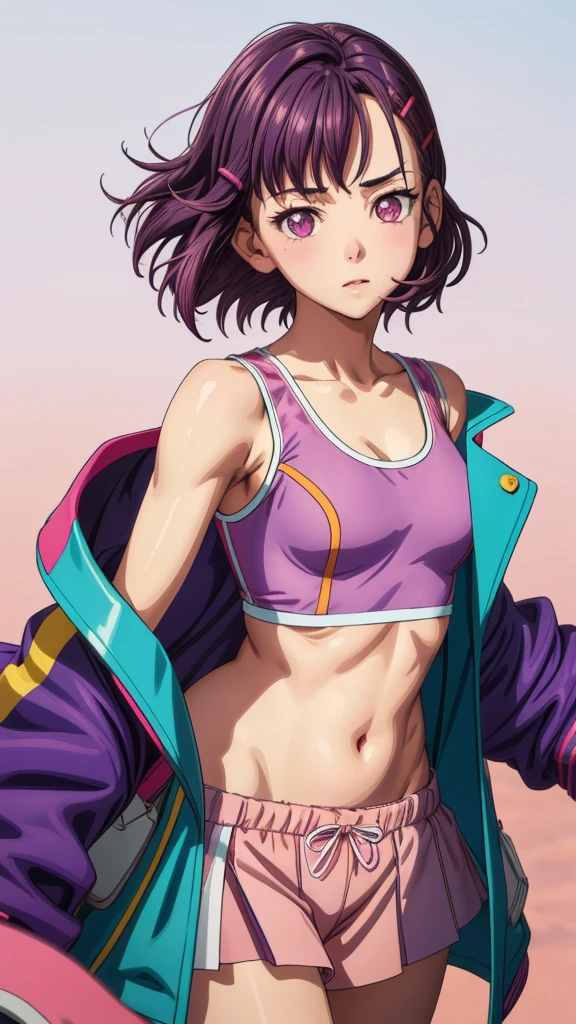 1girl, focused upper body, realistic, (short purple hair and hair clip), purple eyes, standing pose, (pink tanktop and pink skirt, blue jacket), purple background