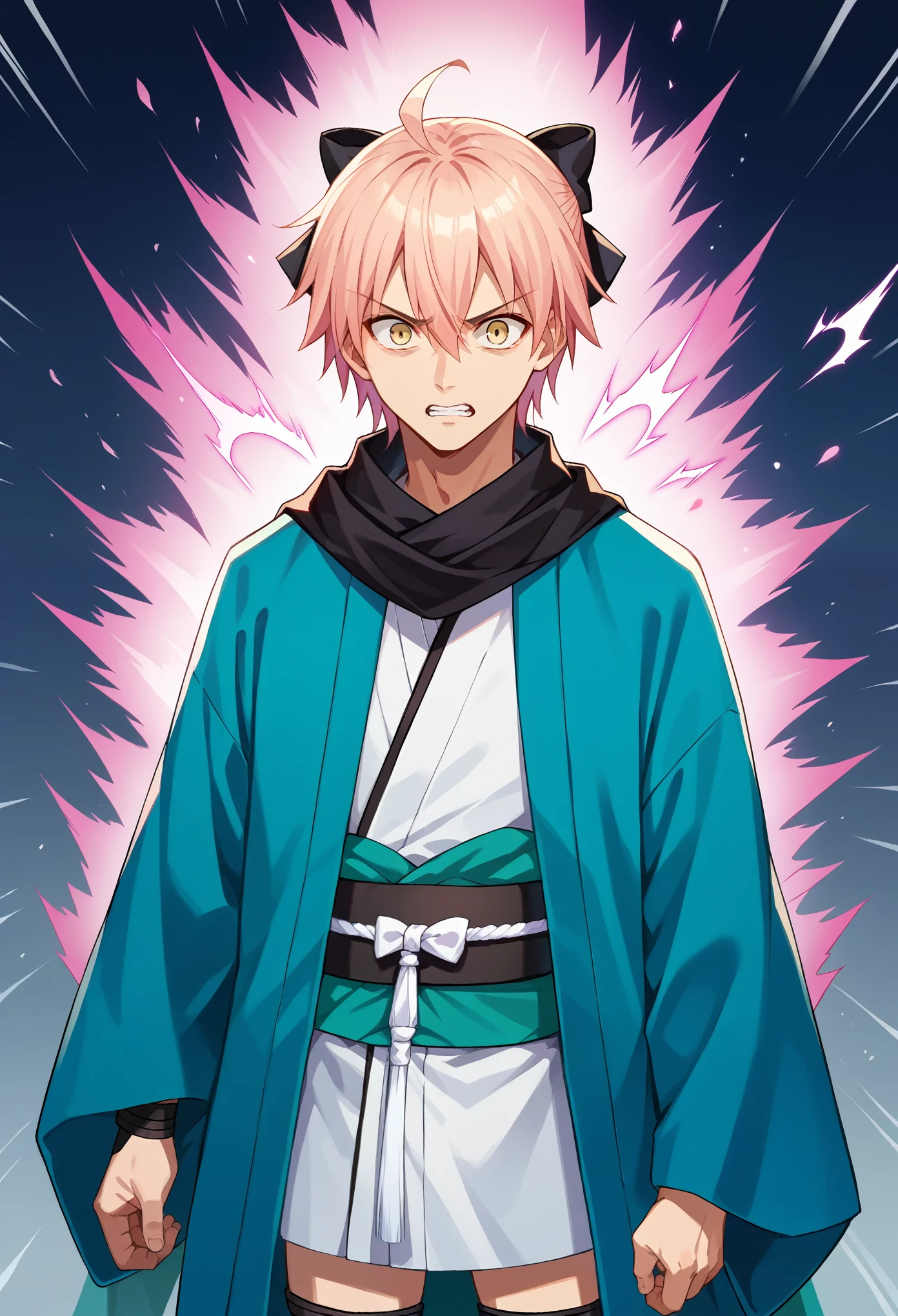 score_9, score_8_up, score_7_up, 1boy, solo, okita souji, ahoge, pink hair, hair between eyes, hair bow, short hair, yellow eyes, black scarf, black bow, japanese clothes, kimono, sash, scarf, black thighhighs, standing, scared, aura, aura around, sword shining, cowboy shot, looking at you, japanese garden