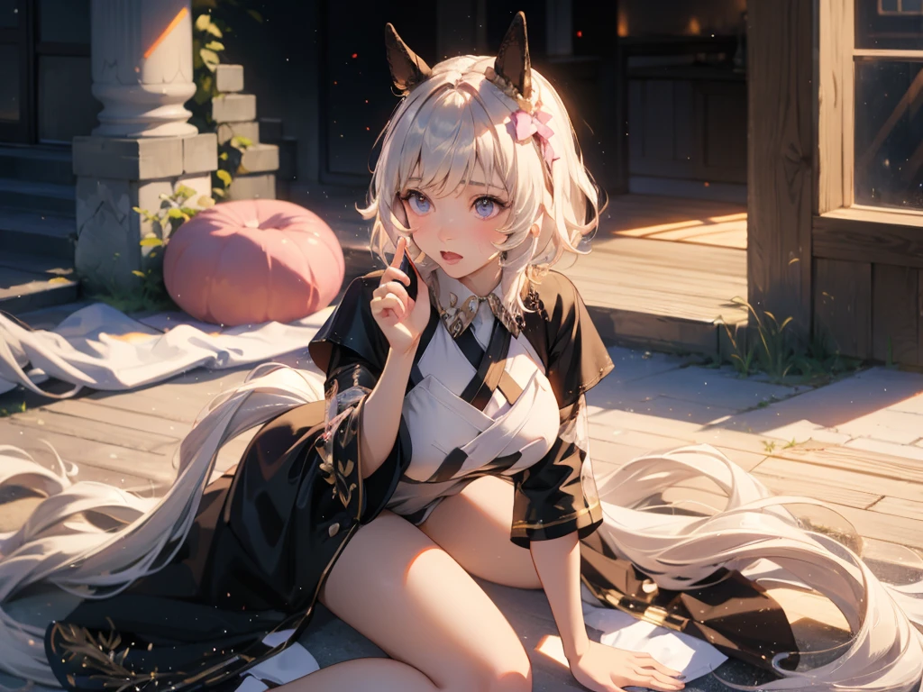 anime styled。illustratio。Fantasia。Rabbit ears。girl with。eye glass。is in estrus。Silvery hair。short-cut。undergarment。Autumn scenery。Night Moon。Colossal tits。flank。pubick hair。teats。barechested。Shy。Exposed。Spreading legs。frombelow。