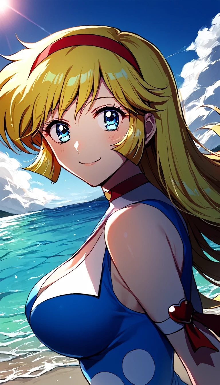 ((kisaragi honey:1.4)), ((masterpiece, best quality, highres, distinct_image)), extremely beautiful and delicate, extremely detailed, intricate detail, 1girl, solo, (blonde hair:1.1), summer dress, (hair band, red), BREAK score_9, score_8_up, score_7_up, source_anime, best quality, (blue eyes:1.1), (She walked along the beach in the sunset, her bare feet touching the water, the closest she came to seeing that smile:1.1), (upper body:1.2),