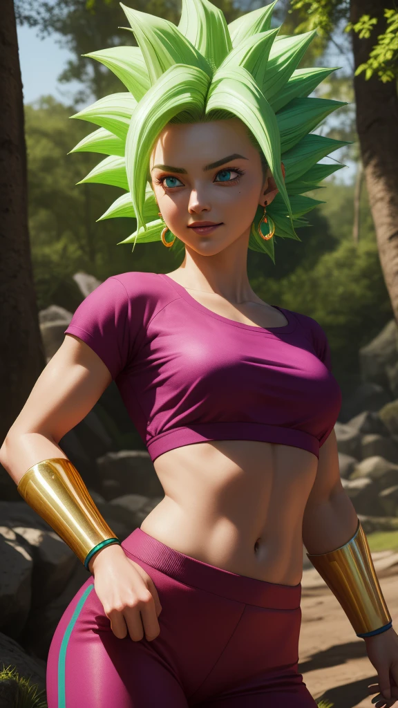 keflassj, 1girl, solo, aqua eyes, green hair, spiked hair, super saiyan, super saiyan 1, green earrings,
midriff, pink top, short sleeves, crop top, short sleeves, purple pants, gold vambraces, skin tight,
smile,closed mouth,cowboy shot,
forest,outdoor,
(insanely detailed, beautiful detailed face, masterpiece, best quality) cinematic lighting,(insanely detailed, beautiful detailed face, masterpiece, best quality) cinematic lighting, (photo realistic:1.4), (hyper realistic:1.4), (realistic:1.3), (smoother lighting:1.05), (increase cinematic lighting quality:0.9), 32K