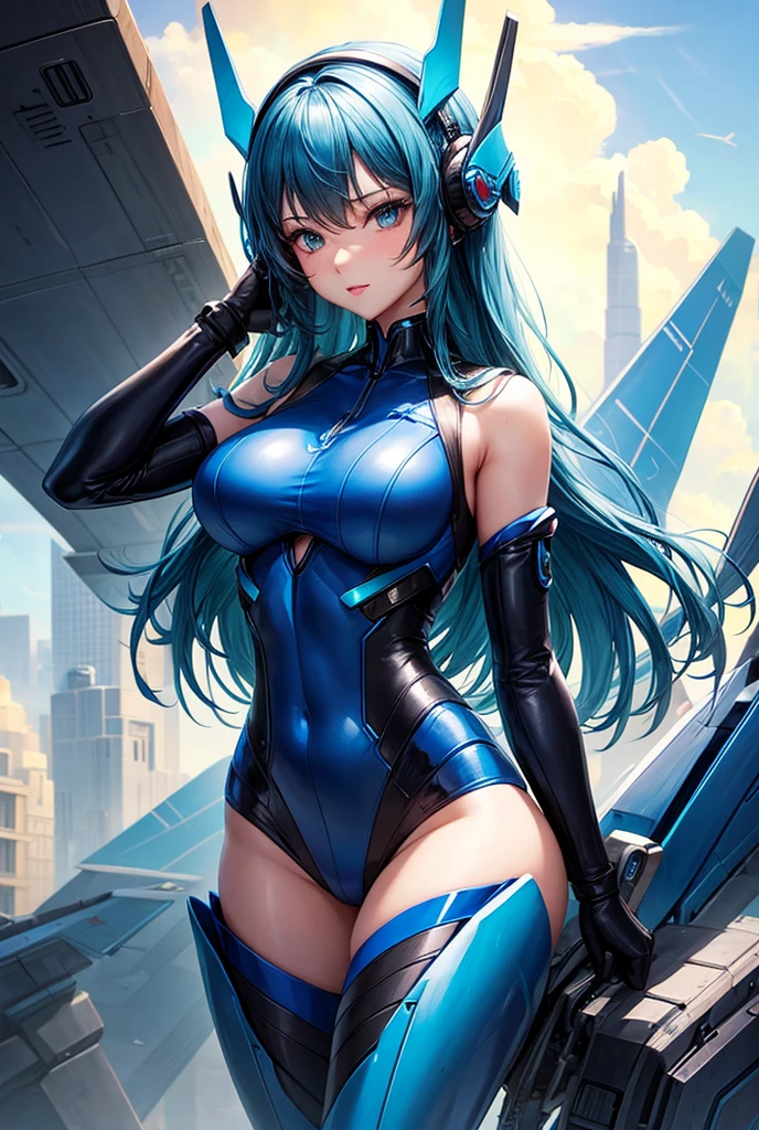 nijii style, braided hair, futuristic mecha pilot with jumpsuit clothing, anime female, perfect character, HDR, 8k, absurdres, cinestill 800, sharp focus, add_detail:2, (solo, woman), female futuristic girl by artgerm, with blue uniform, half-body portrait, detailed. pigtail hair, (bright scene:1.5), cave, (medium breasts), thick thigh, ((medium ass)), depth of field, bokeh, photography, masterpiece, best quality, highres, realistic details, thick thighs,