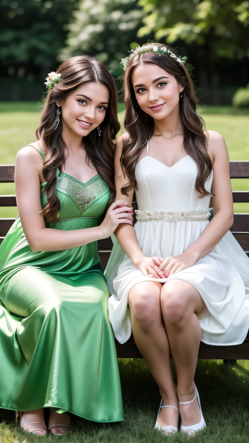 (masterpiece, best quality:1.5), highest quality, High resolution, super detailed, Realists, Upper body photo of brunette woman, detailed and beautiful eyes, beautiful detailed lips, very detailed eyes and face, longeyelashes, Woman in short dress made of shiny satin fabric, Beautiful and colorful makeup, elegant and noble々Pose,shiny satin headband, Grind, holding flowers, Gardens as background, soft daylight, bright colors, fine brushstrokes, Portrait style, Noble details in the dress fabric, beautiful color palette, glowing skin, First-class rendering, that captures every detail, enchanting atmosphere, subtle shadows and lights, (perfect anatomy:1.2), (The two stunning women lie in the grass and are deeply in love, nice legs:1.4),, (magnificent panorama view:1.2)
