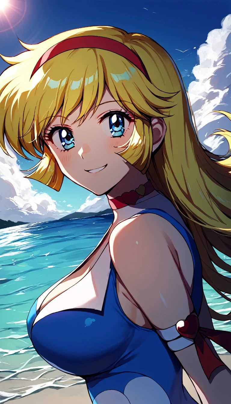 ((kisaragi honey:1.4)), ((masterpiece, best quality, highres, distinct_image)), extremely beautiful and delicate, extremely detailed, intricate detail, 1girl, solo, (blonde hair:1.1), summer dress, (hair band, red), BREAK score_9, score_8_up, score_7_up, source_anime, best quality, (blue eyes:1.1), (She walked along the beach in the sunset, her bare feet touching the water, the closest she came to seeing that smile:1.1), (upper body:1.2),