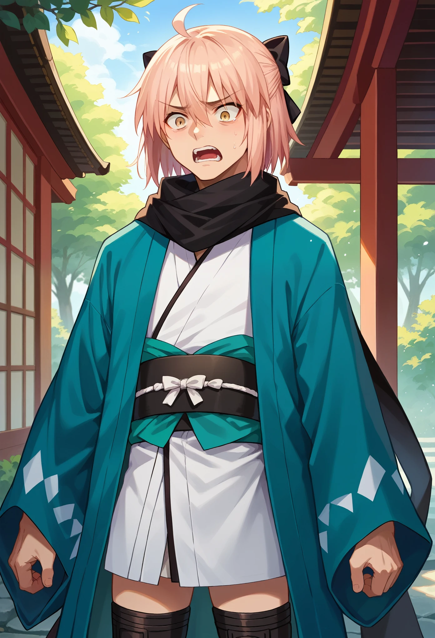 score_9, score_8_up, score_7_up, 1boy, solo, okita souji, ahoge, pink hair, hair between eyes, hair bow, short hair, yellow eyes, black scarf, black bow, japanese clothes, kimono, sash, scarf, black thighhighs, standing, scared, cowboy shot, looking down, japanese garden