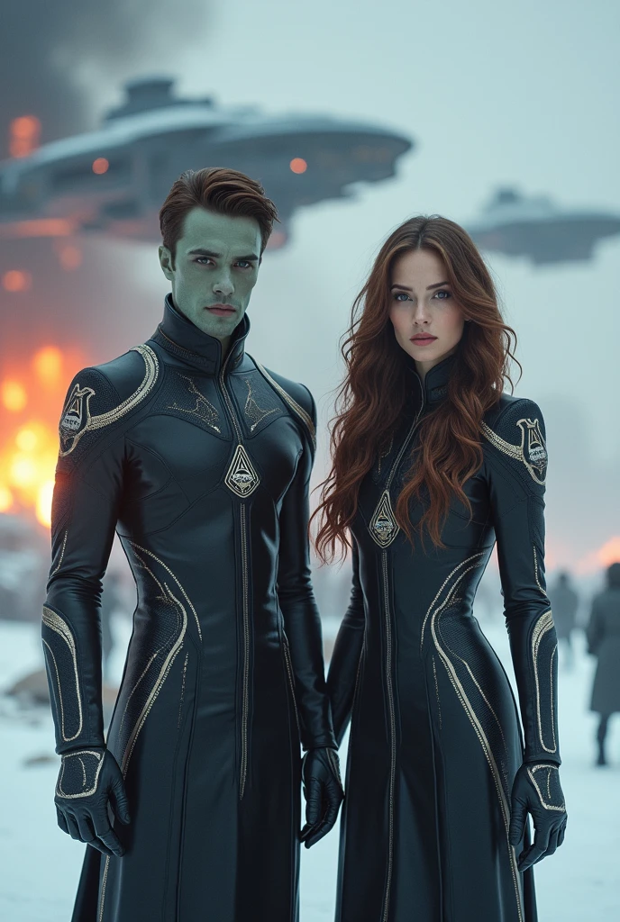 Male aliens with smooth blue-green skin, red eyes, lipless mouths, and long, thin, noseless faces with green blood. Full body, masterpiece, Full body, wearing trench coats.