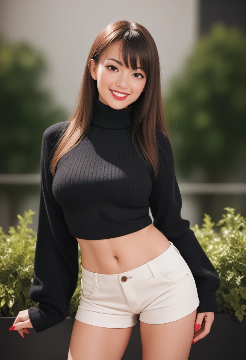 score_9, score_8_up, score_7_up, 1girl, solo, long hair, looking at viewer, smile, bangs, skirt, brown hair, long sleeves, navel, brown eyes, standing, parted lips, shorts, midriff, nail polish, grin, blurry, sweater, crop top, fingernails, sleeves past wrists, makeup, turtleneck, plant, lipstick, white shorts, realistic, black sweater, cropped sweater