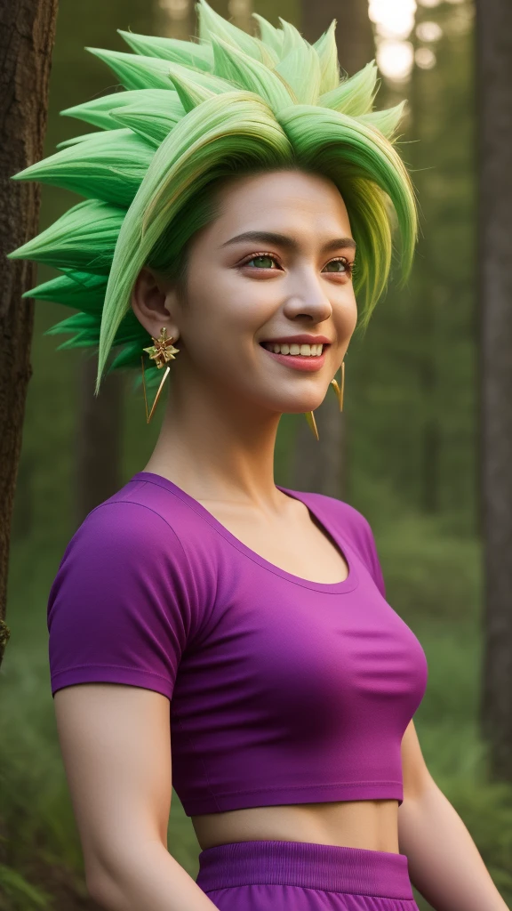 keflassj, 1girl, solo, aqua eyes, green hair, spiked hair, super saiyan, super saiyan 1, green earrings,
midriff, pink top, short sleeves, crop top, short sleeves, purple pants, gold vambraces, skin tight,
smile,closed mouth,cowboy shot,
forest,outdoor,
(insanely detailed, beautiful detailed face, masterpiece, best quality) cinematic lighting,(insanely detailed, beautiful detailed face, masterpiece, best quality) cinematic lighting, (photo realistic:1.4), (hyper realistic:1.4), (realistic:1.3), (smoother lighting:1.05), (increase cinematic lighting quality:0.9), 32K