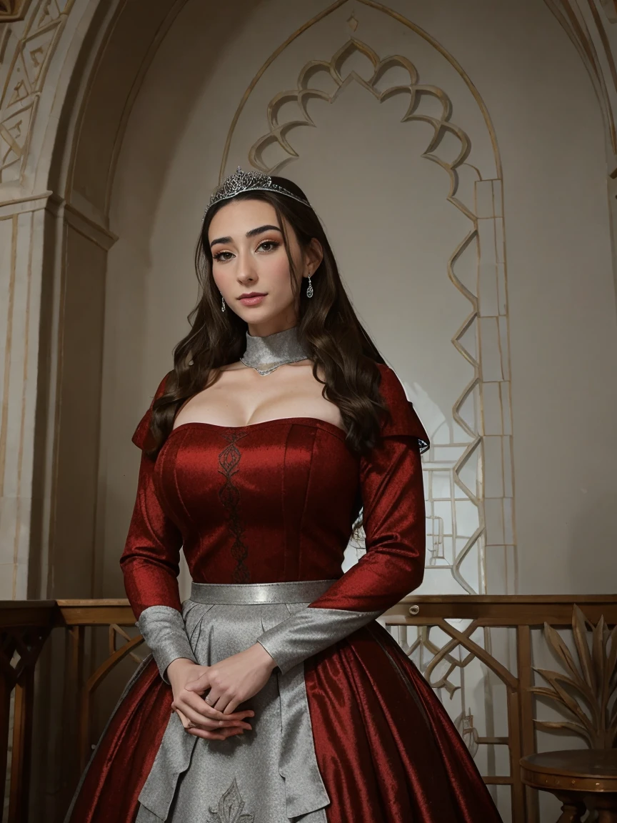 Beautiful and regal, imperious and aloof, busty athletic (thin) brunette queen with sharp facial features wearing a modest updo, dark red medieval dress, long sleeves, intricate patterns, scrollwork, wide neck, crown, veil, long dress, modest dress, tight bodice, (silver waist chain), medieval jewelry, Middle Ages, castle, rampart, wall, stained glass