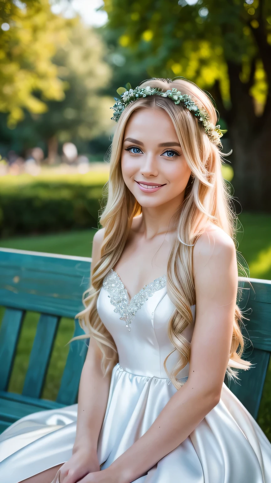 Realistic photo of the upper body of a smiling woman, beautiful blonde woman with long hair, She dances in front of the camera in a long blue A-line bridesmaid dress with shiny satin straps., Park,glamour fotoshooting, Wedding celebration, perfect anatomy, perfect blue eyes. Perfect hands with 5 fingers on each hand, Suitable woman , looking at the camera, 1 Frau. (Eye make up:1.1), (highly detailed skin:1.1), spirit, analog style, keen focus, 8K UHD, dslr, good quality, Fujifilm XT3, Grain, Award-winning, masterpiece. Wedding celebration
