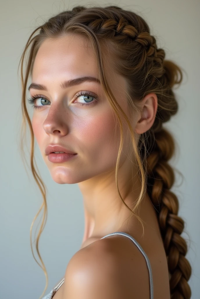 A photo of a 35 year old busty sexy woman, (sympathetic expression), perfect blue eyes, ultra textured skin, goosebumps, face looking straight at the camera, full-face, blonde hair braided into a thick braid tapering to the tip, which lies on her shoulder and goes down to her chest, her hair is ruffled by a light breeze, she is wearing a worn denim biker jacket over a tank top, skinny jeans and elegant high-heeled booties, group profile, Gothic buildings rise up, creating a sense of pride and grandeur. ((hard light: 1.4)), color Velvia 100, shot on Cinestill 800T, bokeh, sharp focus on the subject, shot by Manuela Marques