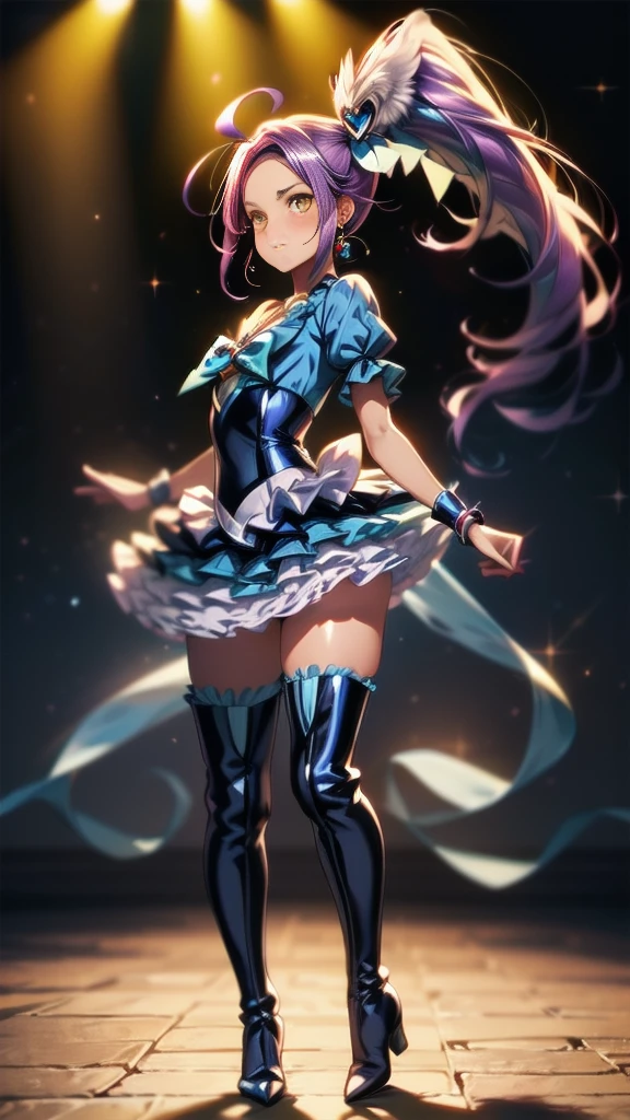 Highest quality，Cure Beat, Purple Hair, Side Ponytail, 1 Ahoge, Thigh-high boots, puffy short sleeve, Wrist cuff, ribbon, jewelry, Yellow Eyes, Heart Hair Ornament,elegant, 1 person, cute, Blushed, Looking at the audience, From below, prison，Beautiful Eyes, Beautiful background, Particles of light, Light of the sun, Dramatic lighting, outside, Shiny, Realistic, Highest quality, Very detailed, Get used to it, scenery, Beautiful and detailed, Thin Hair，Full Body Shot，