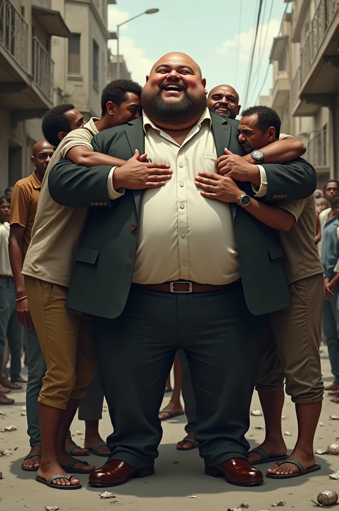 A pregnant African man screaming in pain, People around try to help him
