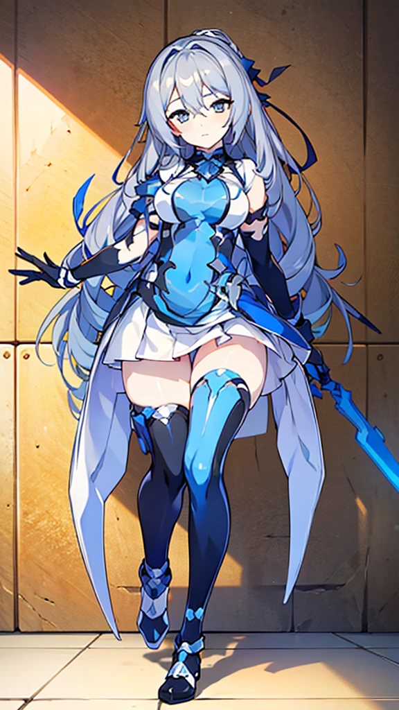 ((full body)),Teenage Girls in Anime, Blue and grey metal armor, Blue hand and thigh accessories, Short dark blue-gray hair, hair accessory, Grey Eyes, Silver earrings, nose, Curious, Healthy Skin, Very dirty, head, shoulder, Small box, arms, Have a map, Narrow waist, feet, Medium thighs, Has black robotic legs, cute, Bright colors on the shirt, Futuristic marble white palace, Shining light in the sky, Stand next to a wall, Cinematic Light, High resolution, Highest quality, Super detailed, Detailed face, (Detailed eyes), Highest quality, Super detailed, masterpiece, (Detailed face), Beautiful face, feetを見せて, Long Hair