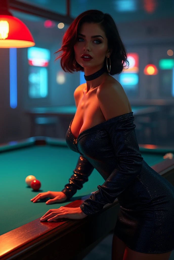 (masterwork:1.1), (photorealism:1.1), ((high angle POV:1.4)), (1bimbo), (looking up to camera:1.2), whole arm tattoo, flushed, alternative woman, (open mouth), (luxury dress:1.1), golden chocker, detailed photograph, high detailed, HDR, sharp focus, focus on face, medium breasts, dark eyeliner, lipstick, (stay near billiard table), at night, background lights, color photo, shallow depth of field, damp hair, night club light