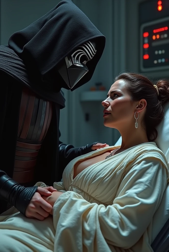 photo realistic wide shot of Darth Vader lovingly holding a naked Princess Leia and comforting her with her eyes closed and her lips parted with an intense expression. Night sky with the Death Star in the background.