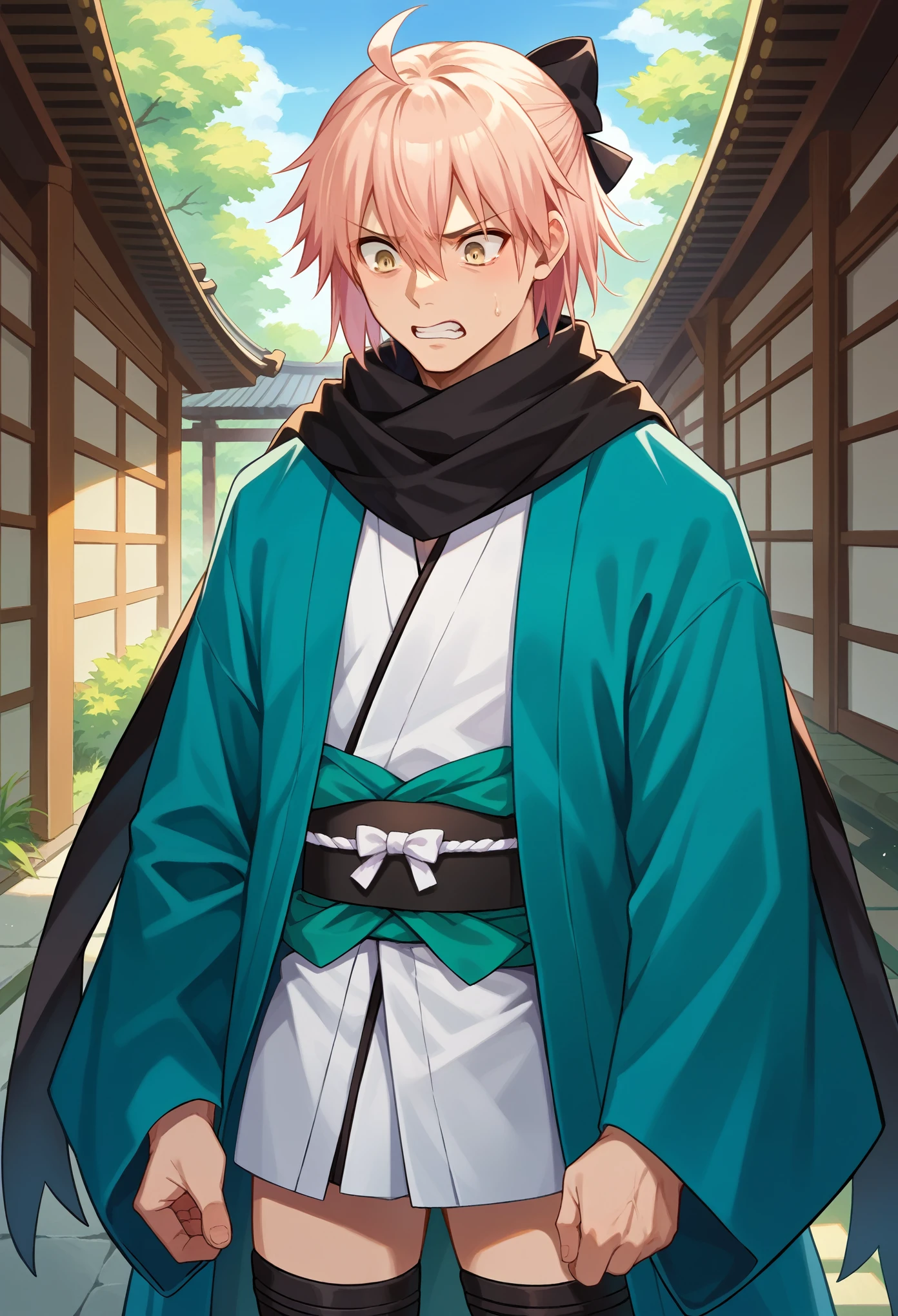 score_9, score_8_up, score_7_up, 1boy, solo, male focus, okita souji, ahoge, pink hair, hair between eyes, hair bow, short hair, yellow eyes, black scarf, black bow, japanese clothes, kimono, sash, scarf, black thighhighs, standing, scared, cowboy shot, looking down, japanese garden