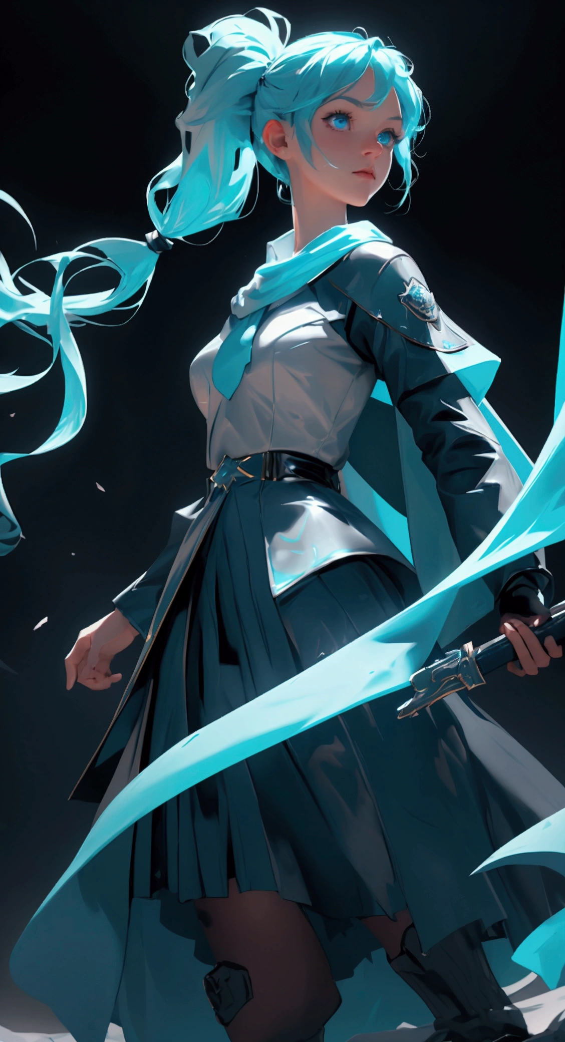 envision a 8k, highres, cinematic, beautiful full body splash design art of a woman with Aqua blue hair in pigtails, Blue eyes, Military Dress, Tactical Skirt, Blue Cape, magic wand, in dark lighting, against a dark gray background