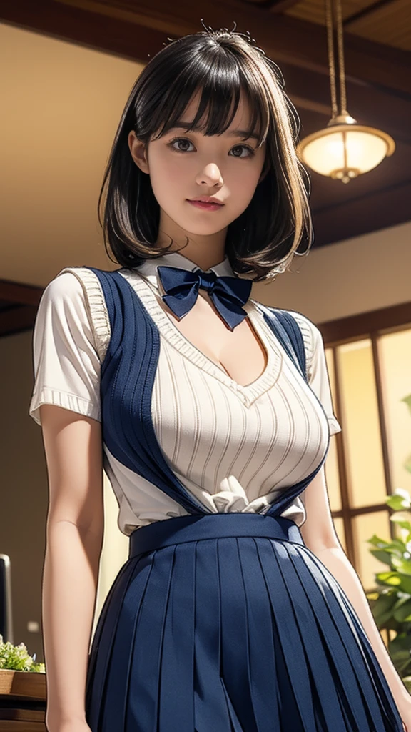 (masterpiece:1.2, highest quality), (realistic, photorealistic:1.4), beautiful illustrations, (natural side lighting, movie lighting), Depth of written boundary, 
looking at the viewer, Front view, 1 girl, English, high school girl, 20 years old, perfect face, Cute symmetrical face, shiny skin, open legs,
(bob hair:1.7,blonde), asymmetrical bangs, Big eyes, droopy eyes, long eyelashes chest), thin, 
beautiful hair, beautiful face, fine and beautiful eyes, beautiful clavicle, beautiful body, beautiful breasts, beautiful thighs, beautiful feet, beautiful fingers, 
((fine fabric texture, brown knit vest, short sleeve white collar shirt, navy pleated skirt, Navy bow tie)), 
(beautiful scenery), evening, (Inside the flower shop), Are standing, (smile, Upper grade, open your mouth),  (((skirt lift, panties, genitals visible))), full body shot, dark blue socks, sexy face, inverted nipples,