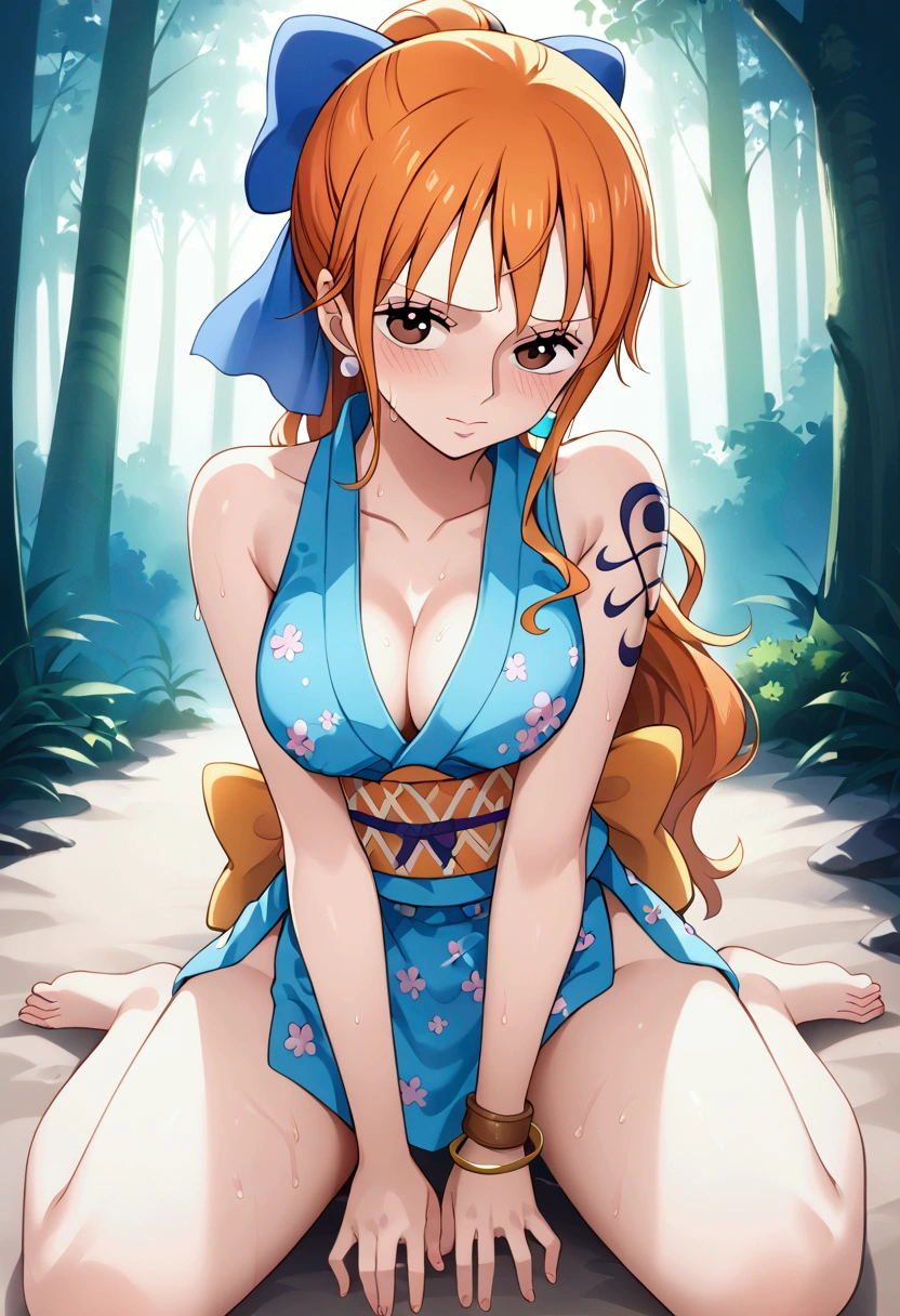 aanami, long hair, orange hair, low ponytail, hair bow, earrings, brown eyes, shoulder tattoo, breasts, collarbone, bare shoulders, japanese clothes, short kimono, blue kimono, floral print, sleeveless, bracelet, sash, obi, blushing, Shy, seductive pose wet with sweat, sit, seductive face, full body, Direct view, looking at viewer, forest