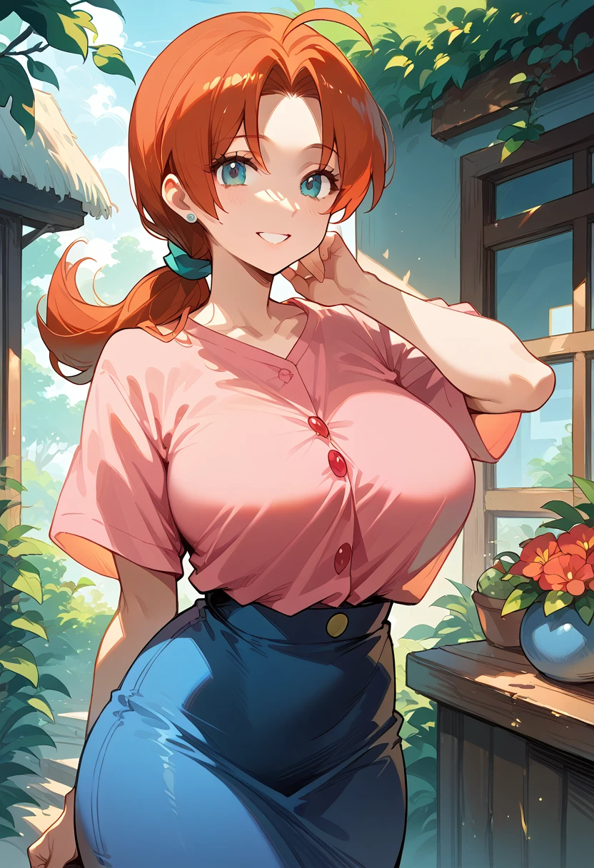 masterpiece,High resolution,Highest quality,8k (Delia Ketchum_Pokemon)(30-year-old woman,Voluptuous figure)(Pink Shirt,Blue Skirt)smile