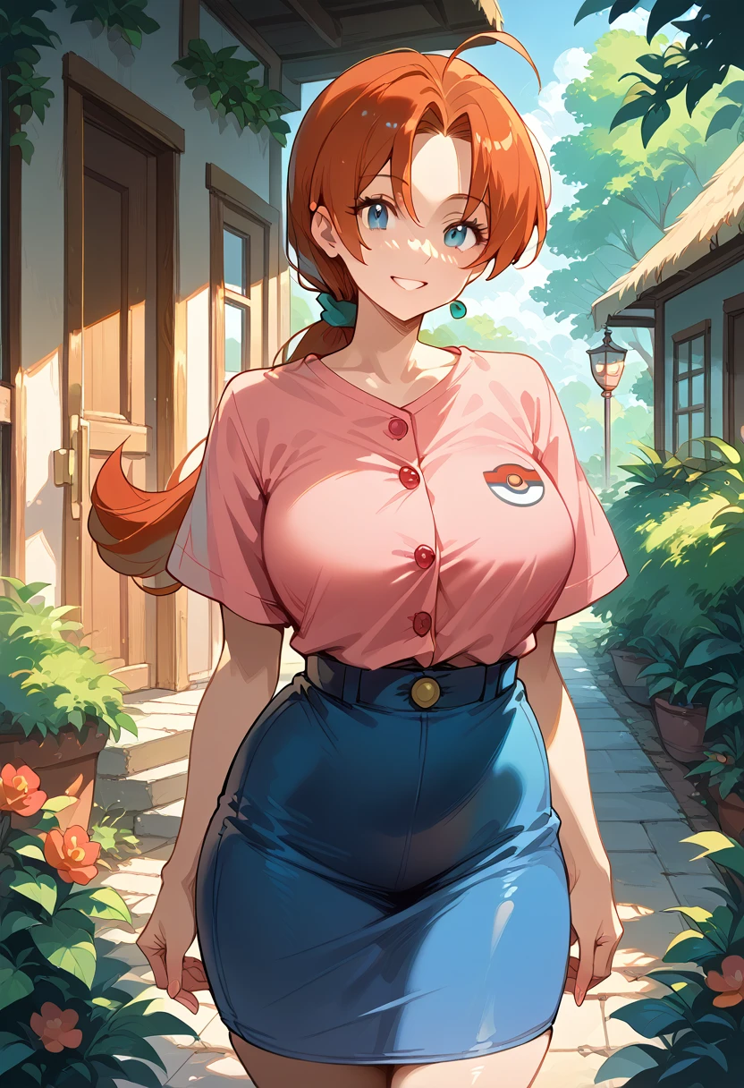 masterpiece,High resolution,Highest quality,8k (Delia Ketchum_Pokemon)(30-year-old woman,Voluptuous figure)(Pink Shirt,Blue Skirt)smile