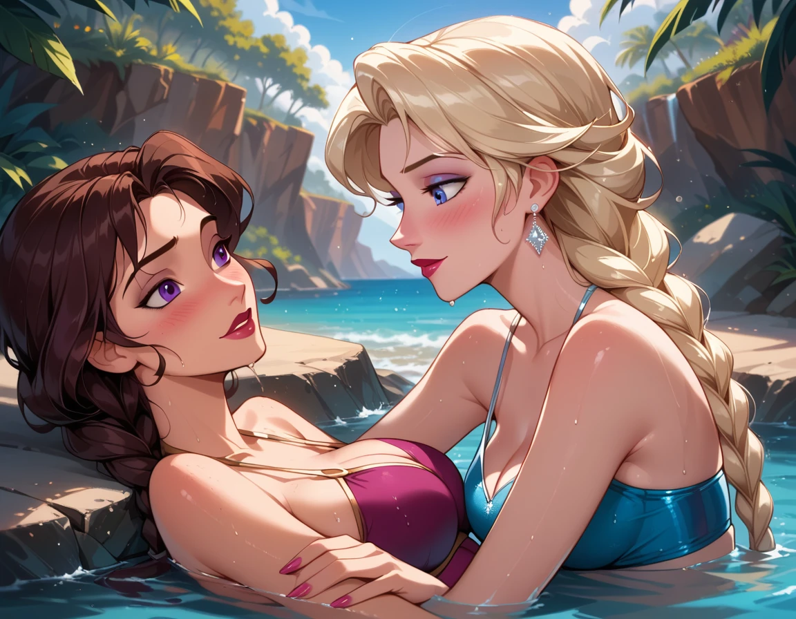 score_9, score_8_up, score_7_up, score_6_up, rating_safe, cinematic film still, duo, 2girls, BREAK (Elsa, blonde, braid:1.3), swimsuit, BREAK (Disney's Megara, m_ra, brown hair, purple eyes, ponyail:1.3), swimsuit, BREAK (dimly beach cove:1.1), romantic date, laying together, touching her lovers face, large boulder, couple, yuri, lovers, BREAK horny facial expression, blushing, wet, BREAK (cinematic lighting:1.2),, shallow depth of field, vignette, highly detailed, high budget, BREAK bokeh, cinemascope, moody, epic, gorgeous, film grain, grainy.