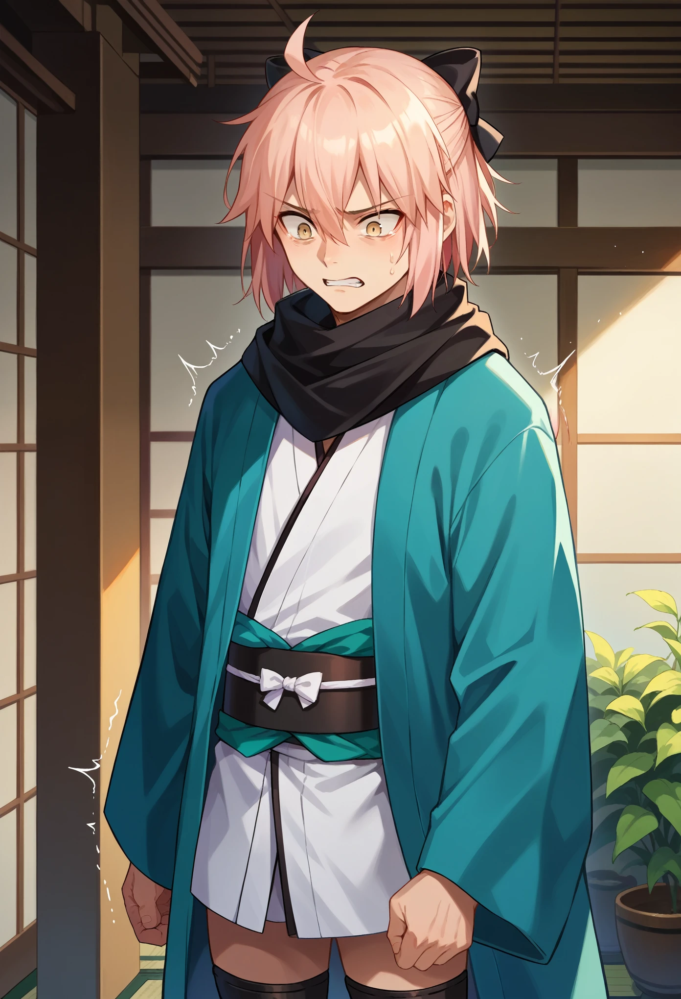 score_9, score_8_up, score_7_up, 1boy, solo, male focus, okita souji, ahoge, pink hair, hair between eyes, hair bow, short hair, yellow eyes, black scarf, black bow, japanese clothes, kimono, sash, scarf, black thighhighs, standing, scared, shaking,  cowboy shot, looking down, japanese garden