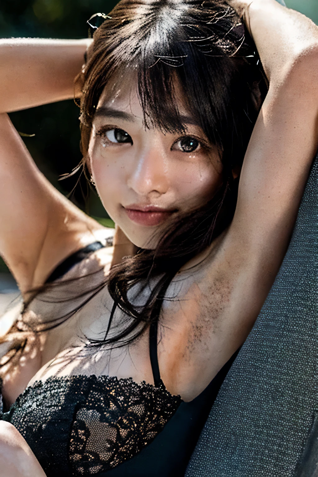 Close-to-reality, 8k, Ultra High Definition, Flawless Image , Photorealistic, Beautiful Woman, sitting, nsfw, armpits