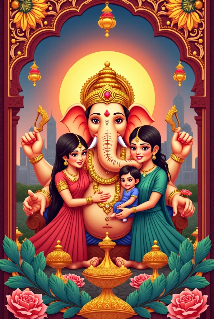 Ganesh and laxmi sitting on the lap of viswakarma and viswakarma sitting on the elephant