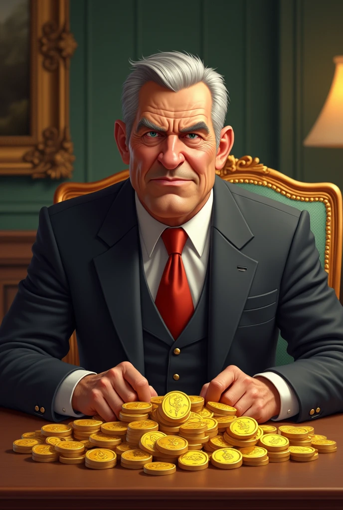 he **Mayor Arriaga** in his office, surrounded by riches: coin chests, jewelry and documents of **commercial distributions**. Arriaga looks pleased as he counts coins.
