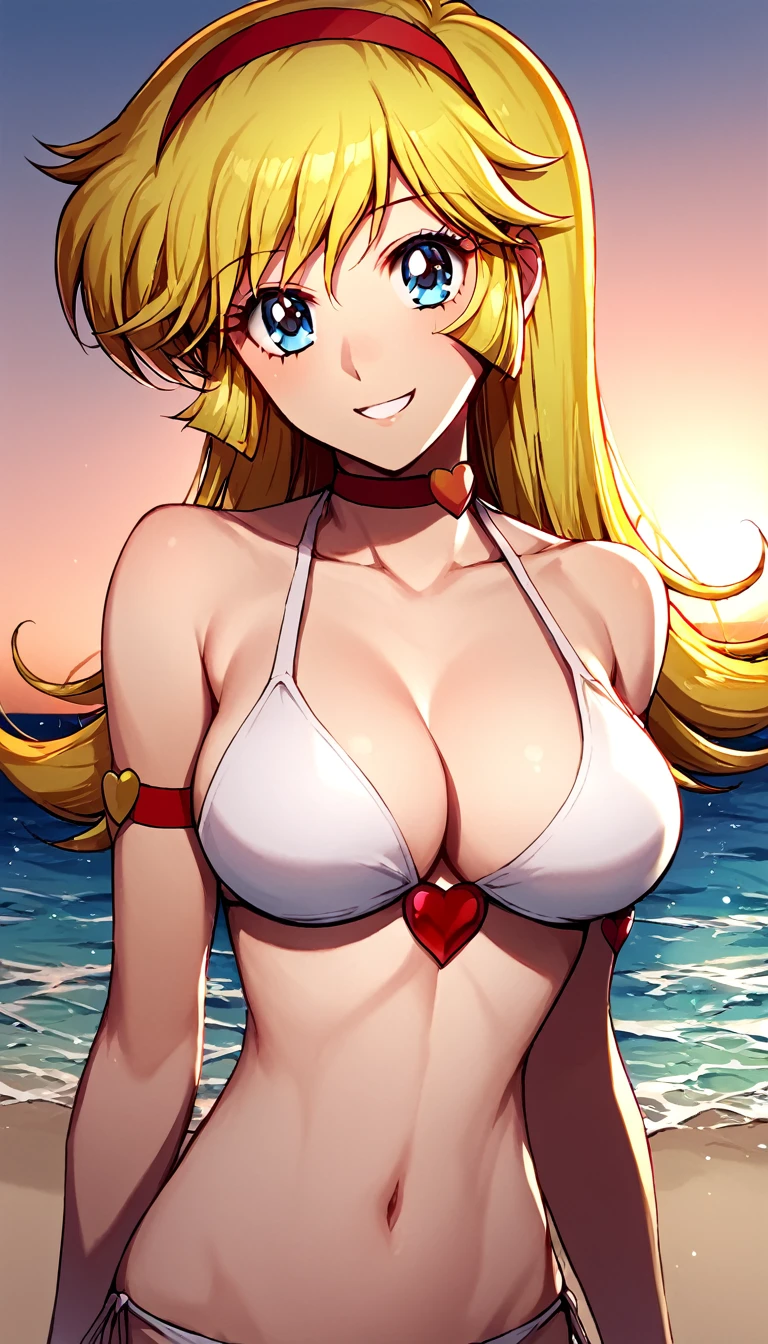 ((kisaragi honey:1.4)), ((masterpiece, best quality, highres, distinct_image)), extremely beautiful and delicate, extremely detailed, intricate detail, 1girl, solo, (blonde hair:1.1), ((white bikini:1.3)), (hair band, red), BREAK score_9, score_8_up, score_7_up, source_anime, best quality, (blue eyes:1.1), (She walked along the beach in the sunset, her bare feet touching the water, the closest she came to seeing that smile:1.1), (upper body:1.2),