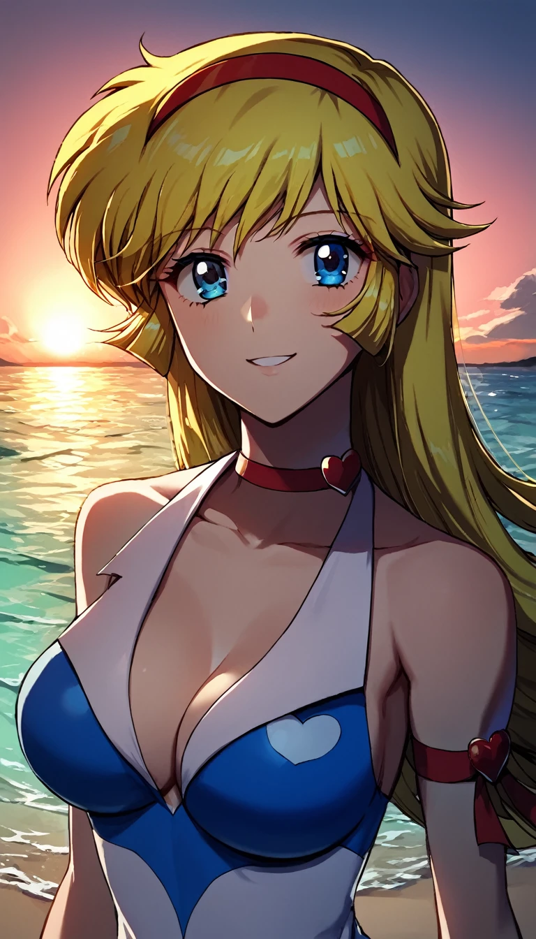 ((kisaragi honey:1.4)), ((masterpiece, best quality, highres, distinct_image)), extremely beautiful and delicate, extremely detailed, intricate detail, 1girl, solo, (blonde hair:1.1), summer dress, (hair band, red), BREAK score_9, score_8_up, score_7_up, source_anime, best quality, (blue eyes:1.1), (She walked along the beach in the sunset, her bare feet touching the water, the closest she came to seeing that smile:1.1), (upper body:1.2),