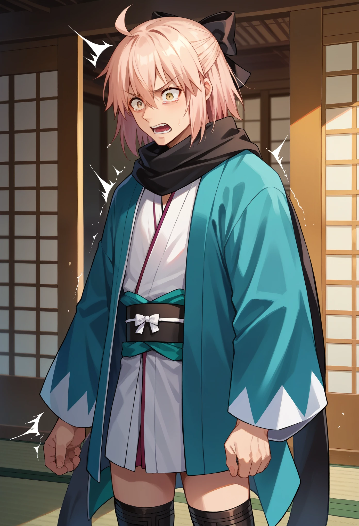 score_9, score_8_up, score_7_up, 1boy, solo, okita souji, ahoge, pink hair, hair between eyes, hair bow, short hair, yellow eyes, black scarf, black bow, japanese clothes, kimono, sash, scarf, black thighhighs, standing, scared, shaking,  cowboy shot, looking down, japanese garden