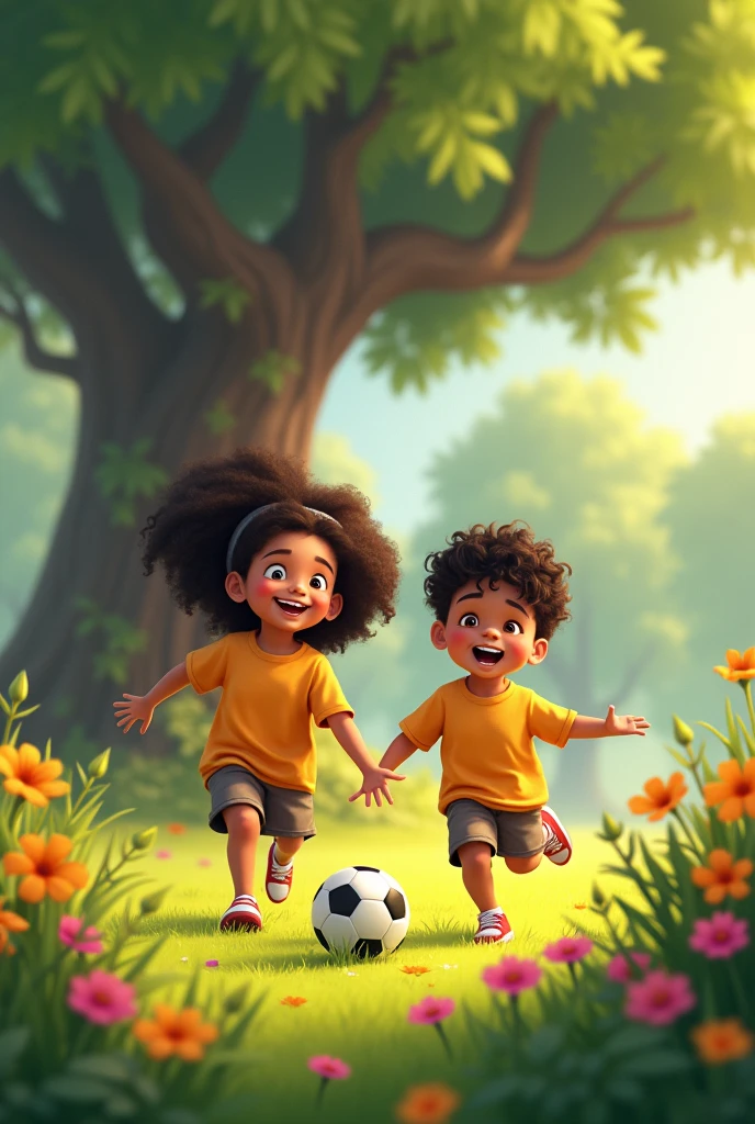 A vibrant scene depicting Australian kids and African kids playing together in a sunny park. The children, ranging from 5 to , are joyfully engaged in various activities. Some are playing soccer on a grassy field, others are on swings, and a few are sharing laughter while playing a game of tag. The Australian kids have lighter skin tones with a mix of blonde, brown, and red hair, while the African kids have darker skin tones with different shades of curly and braided hair. The background features tall eucalyptus trees and colorful flowers typical of an Australian landscape, with a clear blue sky and bright sunlight casting soft shadows. The expressions on the children’s faces are full of happiness and excitement, showcasing the beauty of friendship and diversity.