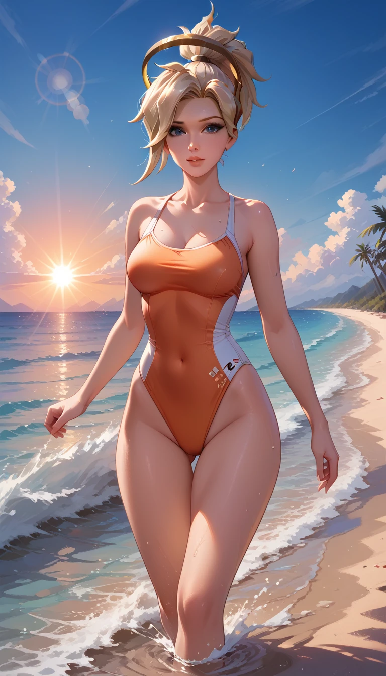 score_9, score_8_up, score_7_up, score_6_up, cinematic film still, solo, 1girl, BREAK mrcy, short hair, high ponytail, halo, cute swimsuit, beach, jogging, graceful, beautiful scene, sunrise, lens flare, highly detailed, detailed face, absurdres, 4k, masterpiece, best quality.