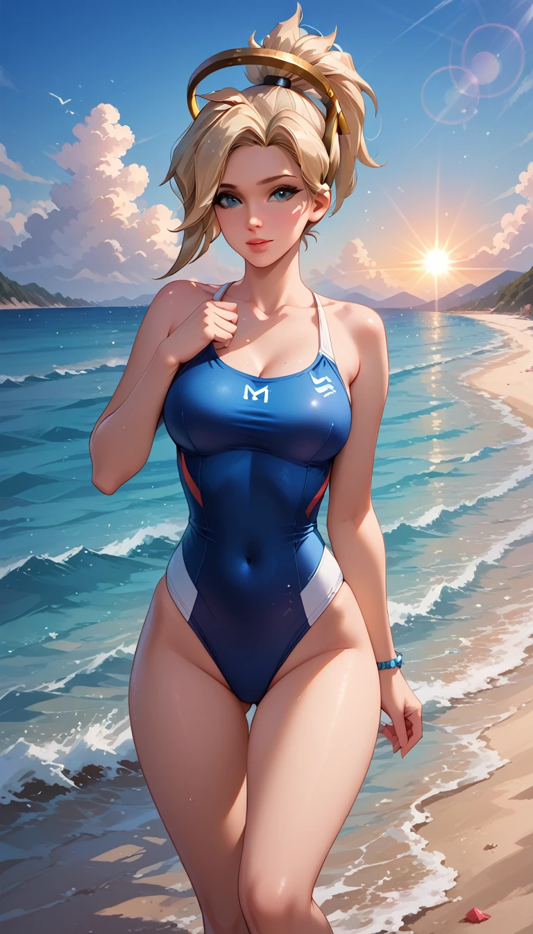 score_9, score_8_up, score_7_up, score_6_up, cinematic film still, solo, 1girl, BREAK mrcy, short hair, high ponytail, halo, cute swimsuit, beach, jogging, graceful, beautiful scene, sunrise, lens flare, highly detailed, detailed face, absurdres, 4k, masterpiece, best quality.