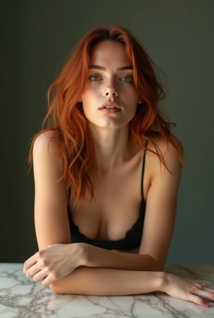 Sexy woman, redhead, evil face, ponytail