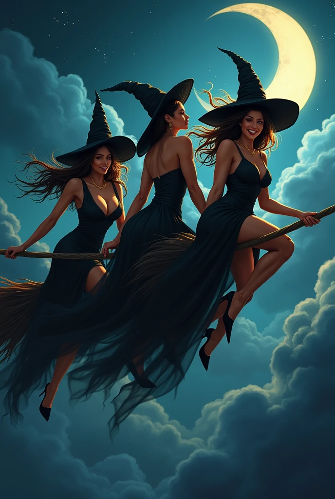 Create a high-quality photographic image depicting a group of three vampire women approaching the camera. (((The women are naked))). Each has a seductive expression, smiling to reveal their vampire fangs. The scene is set in a dark and terrifying atmosphere. The background features a medieval castle in ruins, with the women descending a wide stone staircase with a few steps. The lighting is dim, dominated by the light of a full moon filtering through the mist, creating a dramatic effect in the atmosphere. The women are extremely beautiful, with anatomically perfect bodies and captivating features. The shot is full-body, capturing the downward movement of the women. Canon EOS R5. Lens: 50mm f/1.4 lens. Aperture: f/2.0. Shutter Speed: 1/60 second. ISO: 800. Lighting: Full moonlight as the main source, with a slight bounce light to highlight facial details and the vampires' fangs. Focused on the women, with the castle background slightly blurred to add depth to the image. RAW. Full-body shot, capturing both the grandeur of the ruined castle and the beauty and darkness of the vampire women.