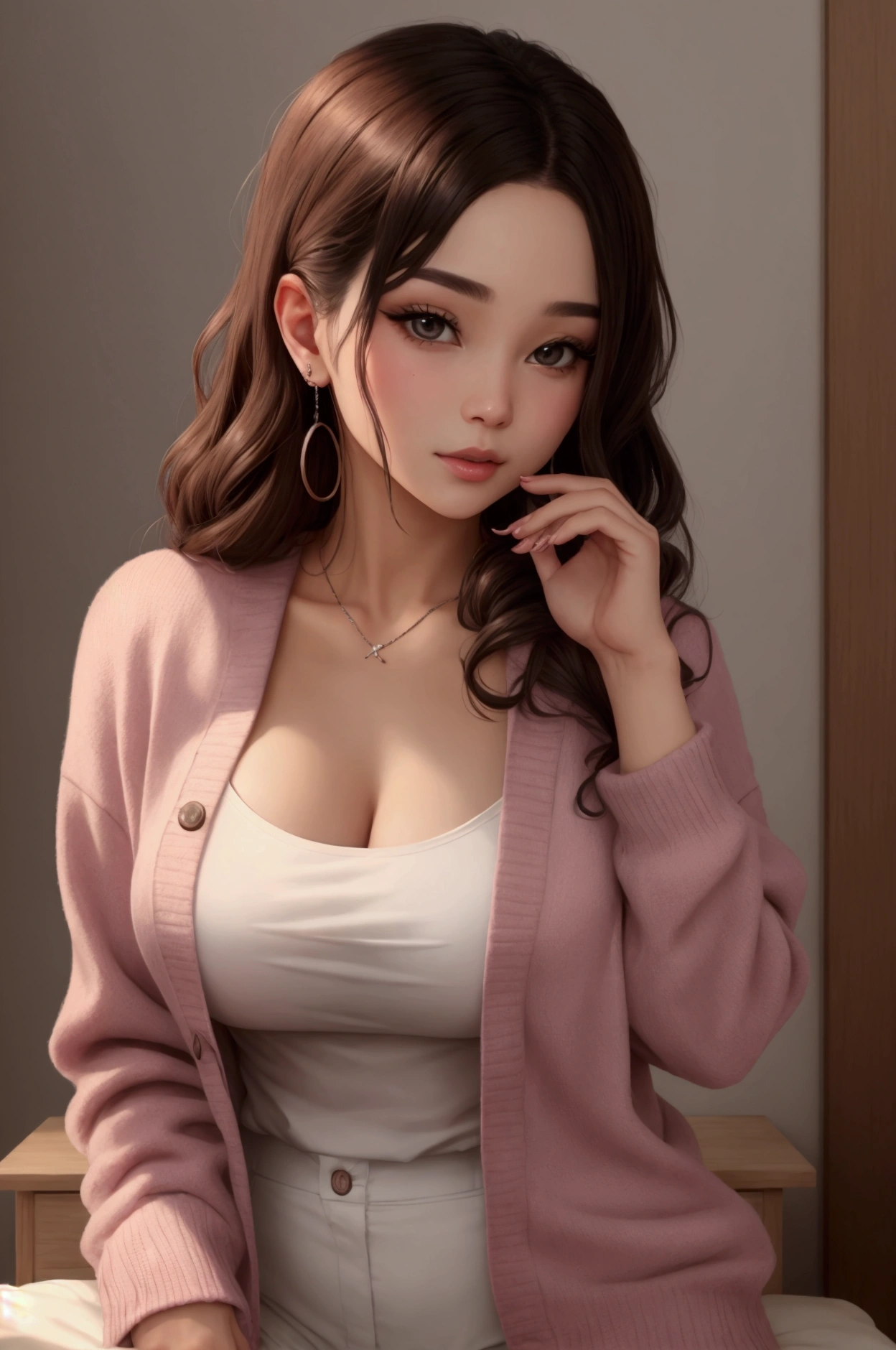 girl, long brown hair, gray eyes, Sharp features, white skin, pink lips, wavy hairstyle, sweater, brown jacket