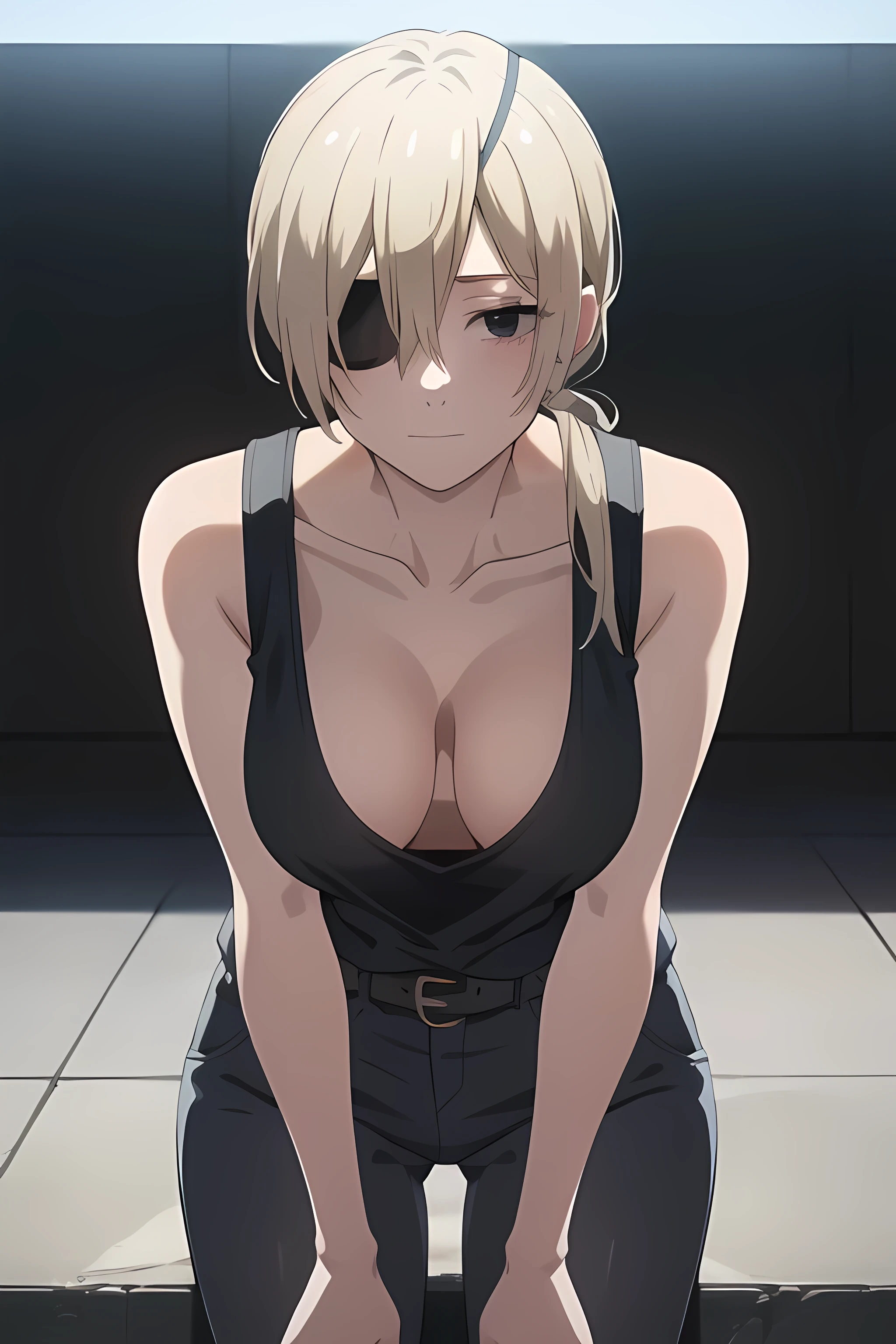 /upscale (masterpiece, best quality:1.2), solo, 1girl, quanxi, expressionless, closed mouth, looking at viewer, crossed arms, big cleavage, big breasts, ponytail, eyepatch, black tank top, black pants, downblouse, loose t-shirt, leaning forward